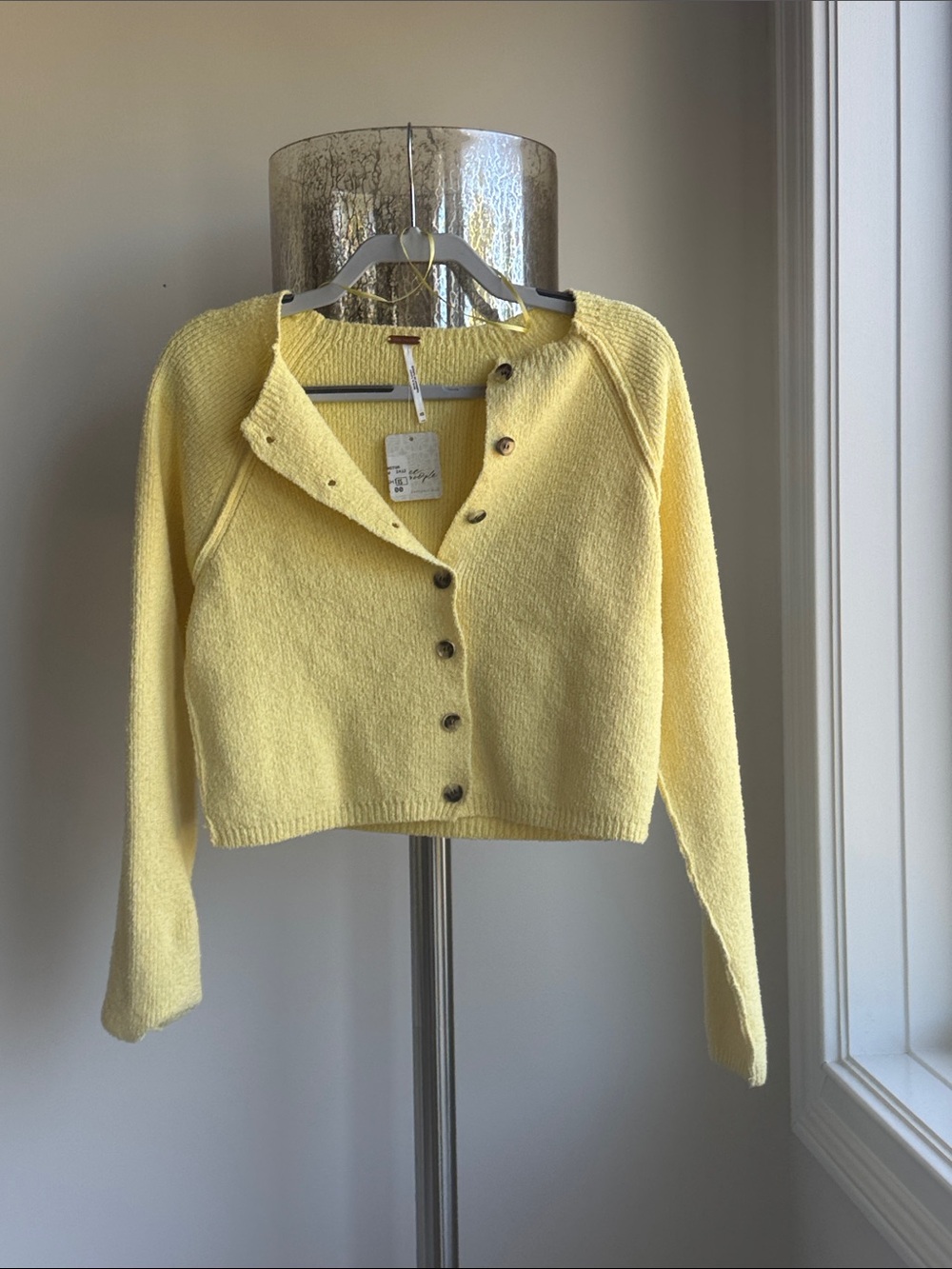 Free People Pale Yellow Button-Front Cropped Cardigan